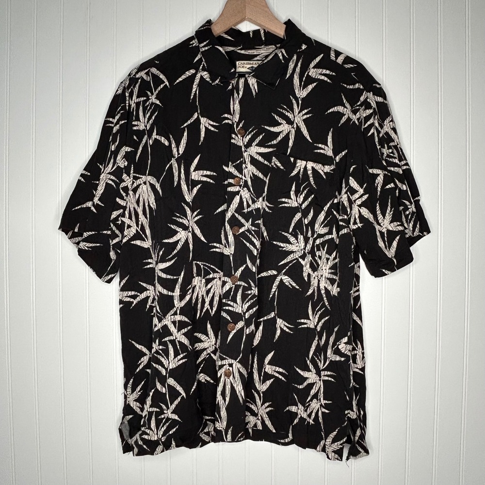 Caribbean Joe Mens Silk Shirt L Black Bamboo Leaf Hawaiian Tropical Button Down